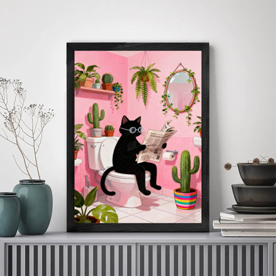 Cadre noir rétro Dans la salle de bain rose rêveuse remplie de plantes, il y a un mystérieux chat noir lisant un journal, impressions encadrées de style rétro
