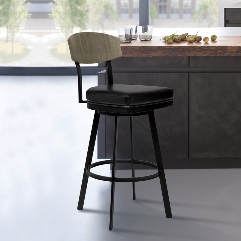 Tabouret de bar 30 po Frisco au fini noir mat avec similicuir noir et noyer gris