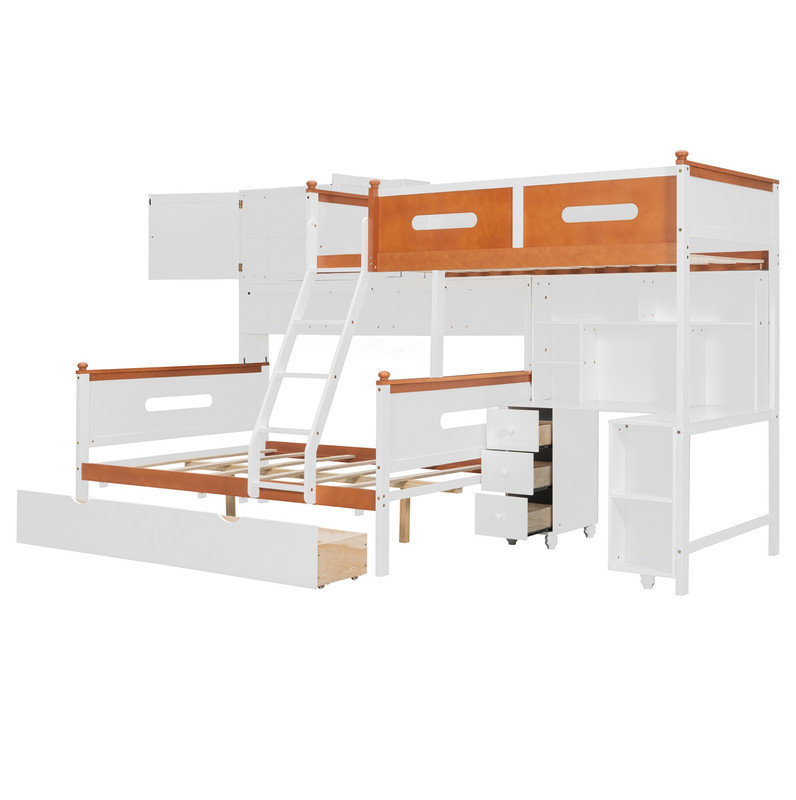 Lit superposé simple au-dessus d'un lit double en bois avec bureau, tiroirs, tablettes et armoire, lumière DEL (blanc + orange)