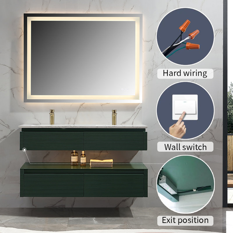  48" Modern Floating Double Bathroom Vanity with Engineered Stone Top and LED Light, Green
