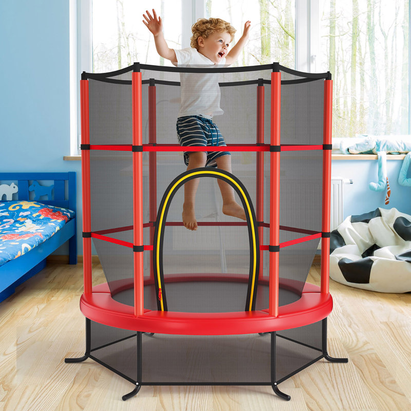 55" Red Round Kids' Trampoline with Safety Enclosure