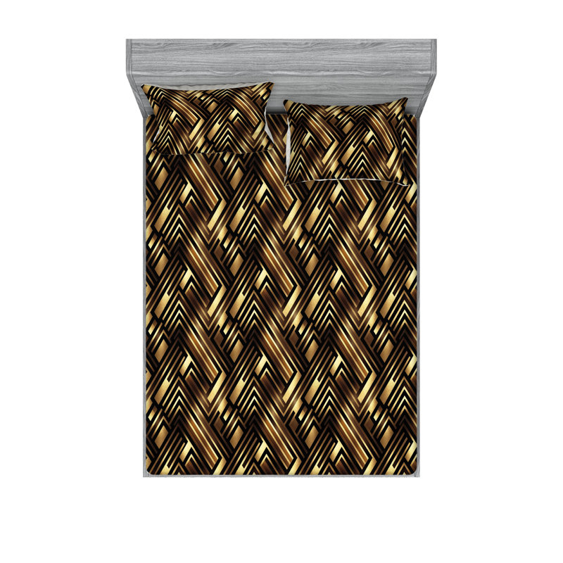 Ambesonne Fitted Sheet & Shams, Mustard/Chocolate/Brown Abstract, King Sheet Set with 2 Pillowcases