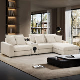114" L-Shaped Corduroy Sectional Sofa With Bluetooth Speakers, Storage Ottoman, And Multi-Functional Features