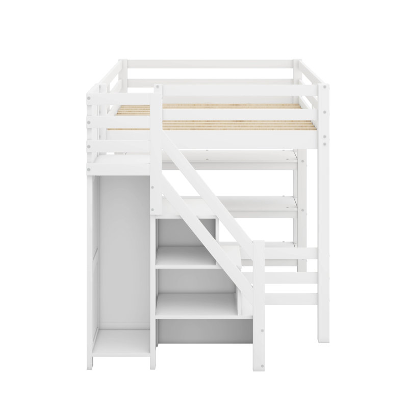 Lit mezzanine double avec tablettes, escalier de rangement, petite armoire et lumière DEL blanche