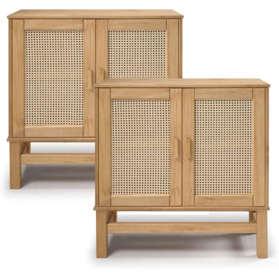 Ensemble de 2 buffets en bois naturel avec portes en rotin tissé et tablettes intérieures