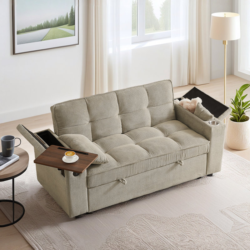 65.3" Modern Sleeper Sofa Bed with USB & Storage – Pull-Out Loveseat for Small Spaces, Khaki