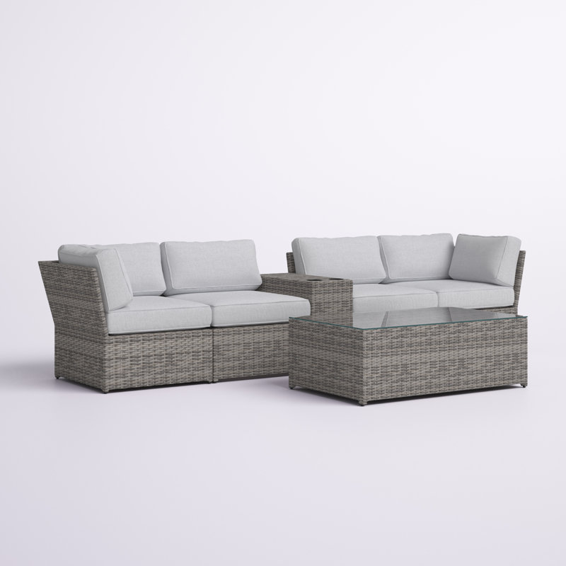 Ensemble de conversation en osier pour 4 personnes avec coussins Mae