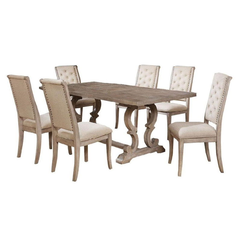 Paty 7Pc Dining Table Set With Leaf, 6 Beige Button-Tufted Chairs, Gray
