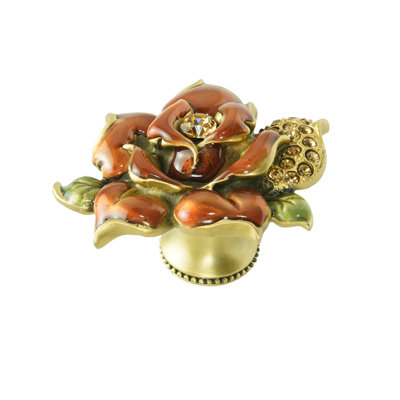 In The Garden large rose knob decorated with Swarovski clear crystals & ruby red glaze in finish Florentine Gold