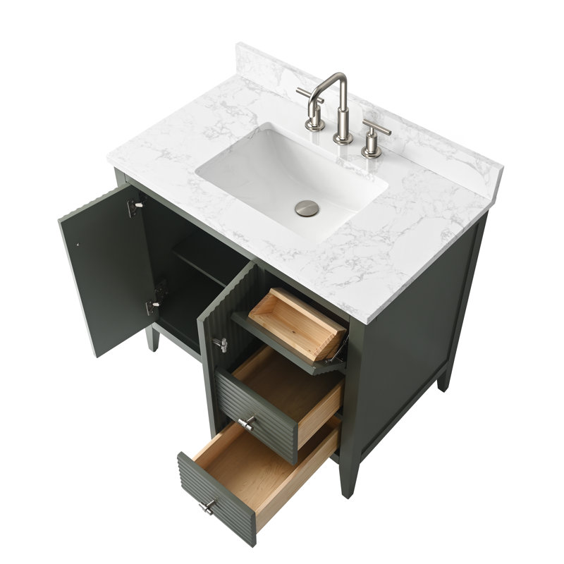 36" Single Bathroom Vanity Set, Brushed Nickel, Linear Vintage Green