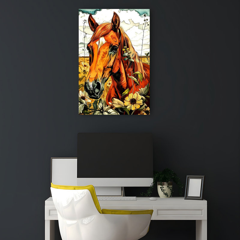 Cheval doré champ abstrait contemporain, art mural paysage de fleur, H 18 po x l 12 po