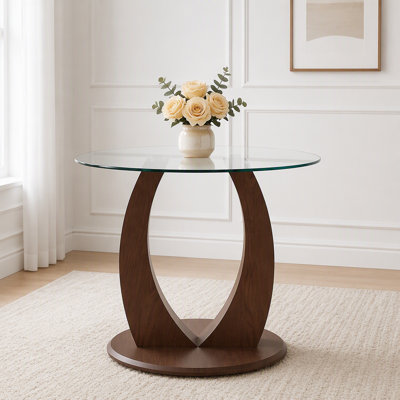 Table de salle à manger moderne 2-en-1 ronde en verre, table de cuisine à piédestal de 39 po avec base courbée réglable, table de salle à manger pour 4 personnes peu encombrante, plateau en verre trempé et finition noyer Mid-Century