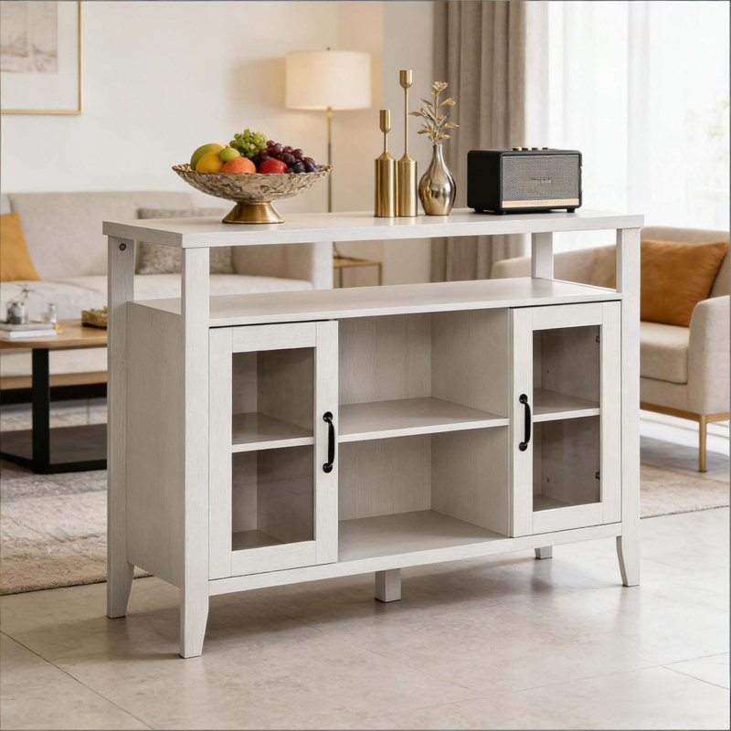 Buffet de rangement moderne avec tablettes réglables et portes en verre encadrées