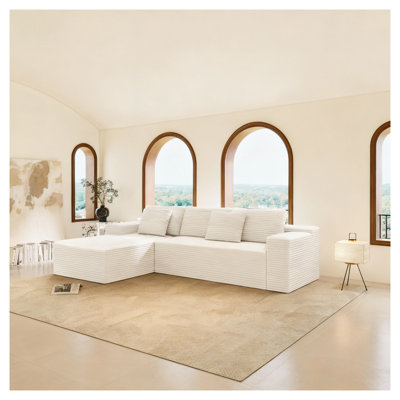 White Modular Sectional Sofa, 104.3" Wide Plush Corduroy Upholstered Couch with 2PC Free Combination, No Assembly Required Sectional for Living Room, Bedroom & Apartment