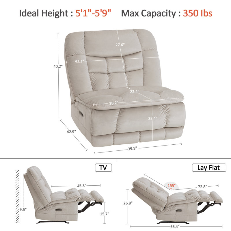 38.2" Seat Width Armless Glider Chair, Oversized Dual Motor Power Recliner with LED Ambient Light, Pet-friendly Fabric, Beige