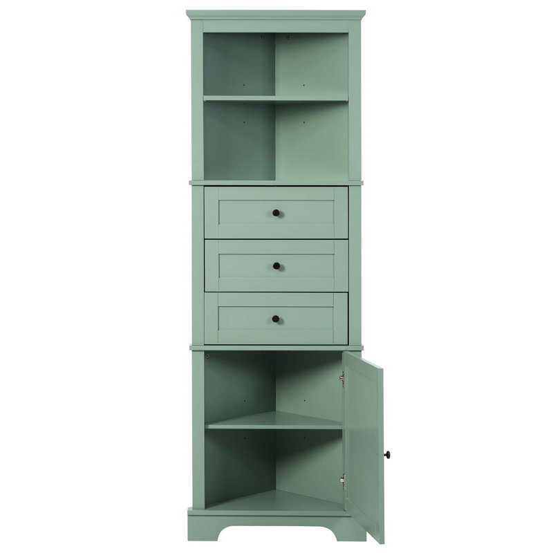 Armoire haute triangulaire avec trois tiroirs et tablettes réglables, Vert