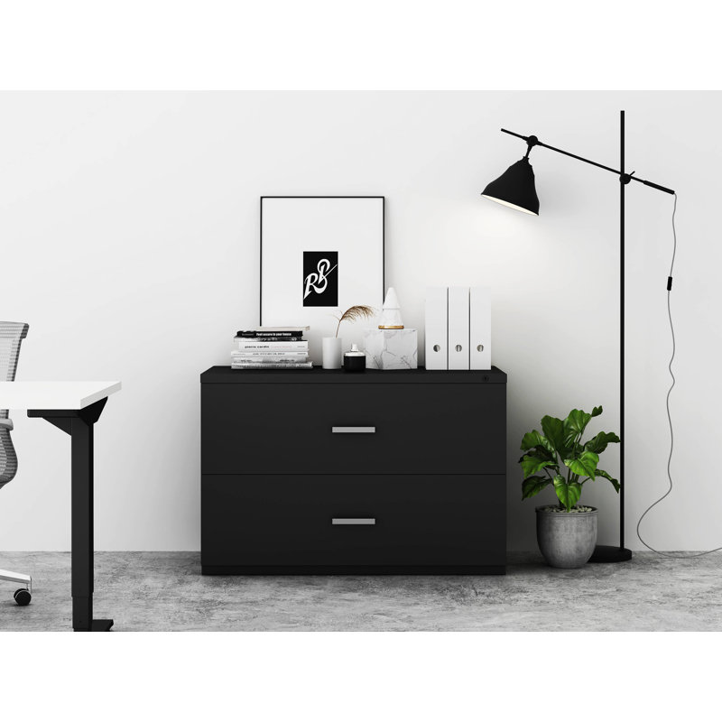 My-Hite Steel Lateral Filing Cabinet with 2 Drawers, Interlock System, Glide Suspension, Black