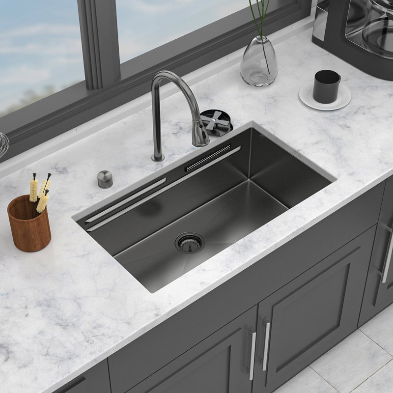 33" Undermount Waterfall Gunmetal Black Kitchen Sink - 33 X 16.72 X 10 Inch Single Bowl 16 Gauge Stainless Steel Ledge Workstation Kitchen Sinks With Pull-Down Faucet & Cup Washer