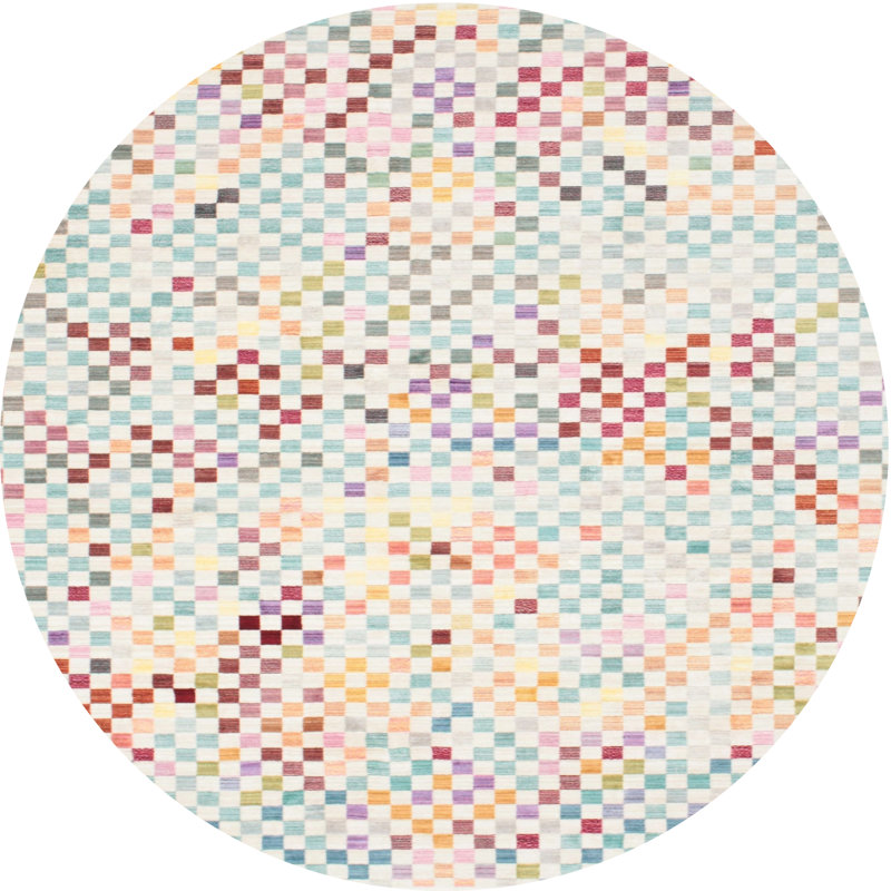 Tapis contemporain bleu clair / rouge, Rond 6 pi
