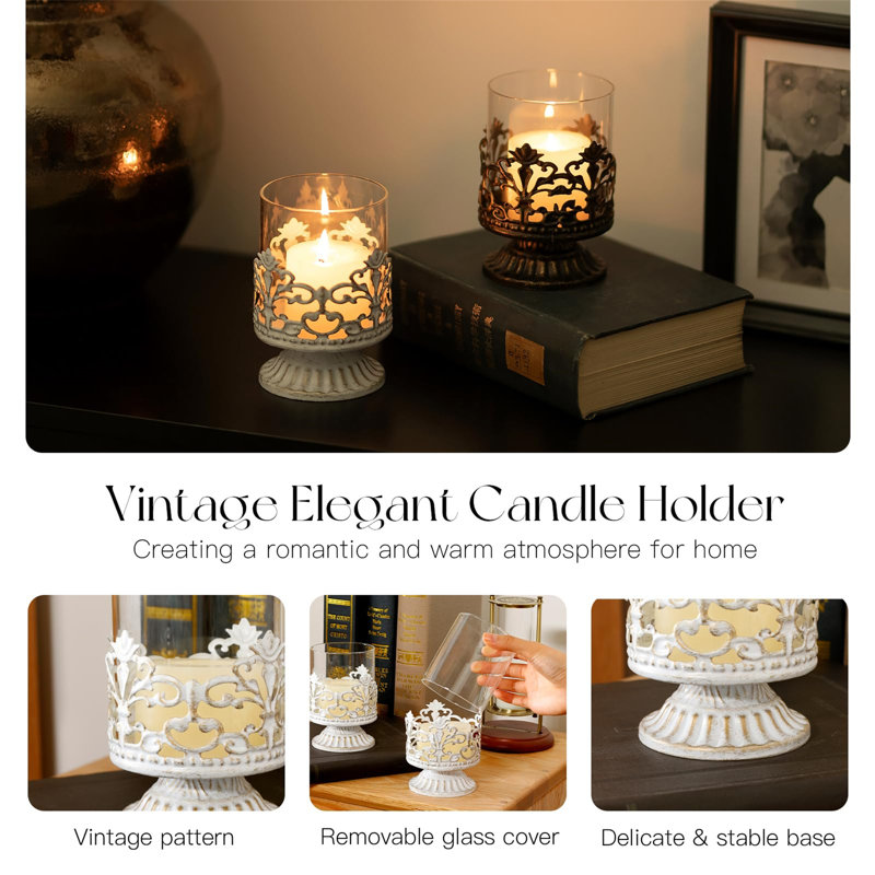 2 Piece Glass Metal Candlestick Set, White