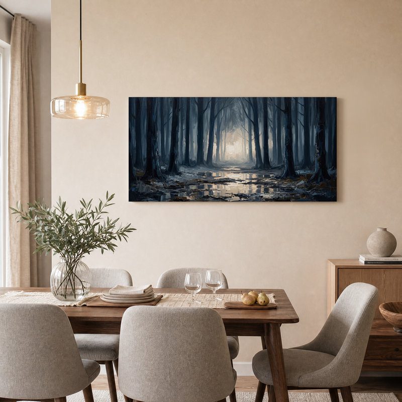 Tableau sur toile Chemin forestier bleu foncé avec lumière scintillante, 32“W x 16”H