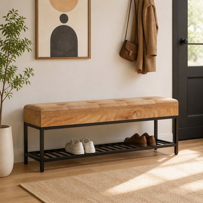 Banc à chaussures rembourré de 140 cm (55 po), banc d'entrée à deux niveaux avec structure en métal