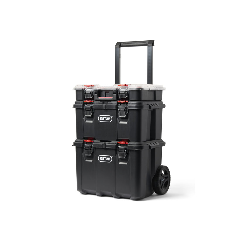 Keter Stack-n-Roll 3 Piece Durable Resin Rolling Tool Box System Tool Storage and Organization Ideal For Garage and DIY, Black
