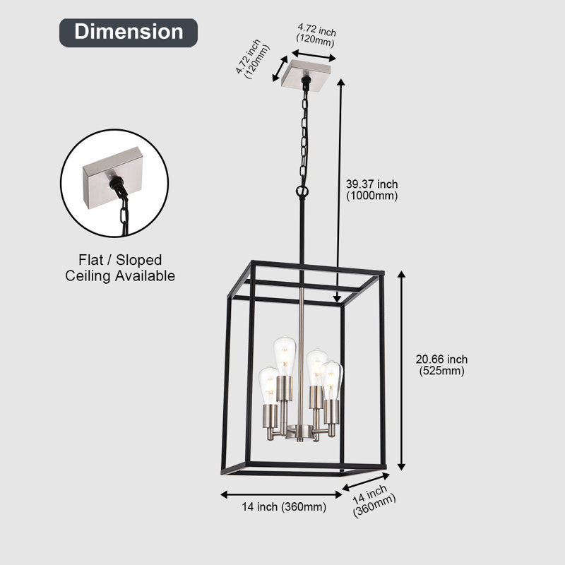 4-Light Dimmable Lantern Square/Rectangle Chandelier Black And Brushed Nickel Finished.