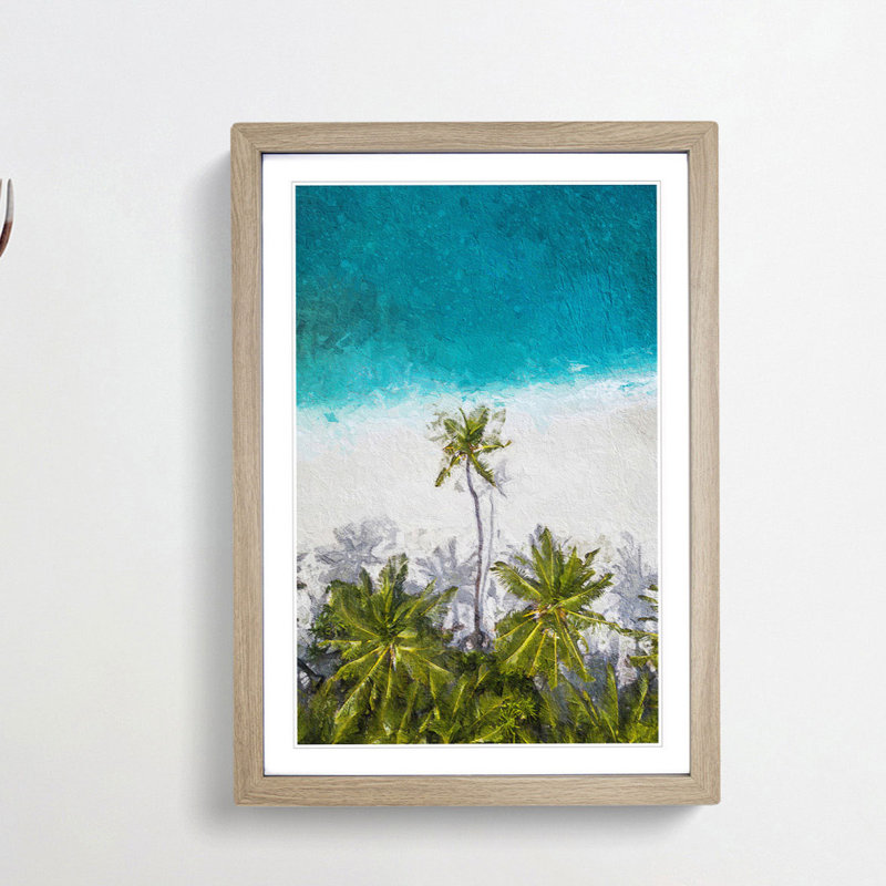 Palm Tree Beach in the Maldives - Picture Frame Painting Print, 48cm H x 36cm W x 2cm D, Oak Framed