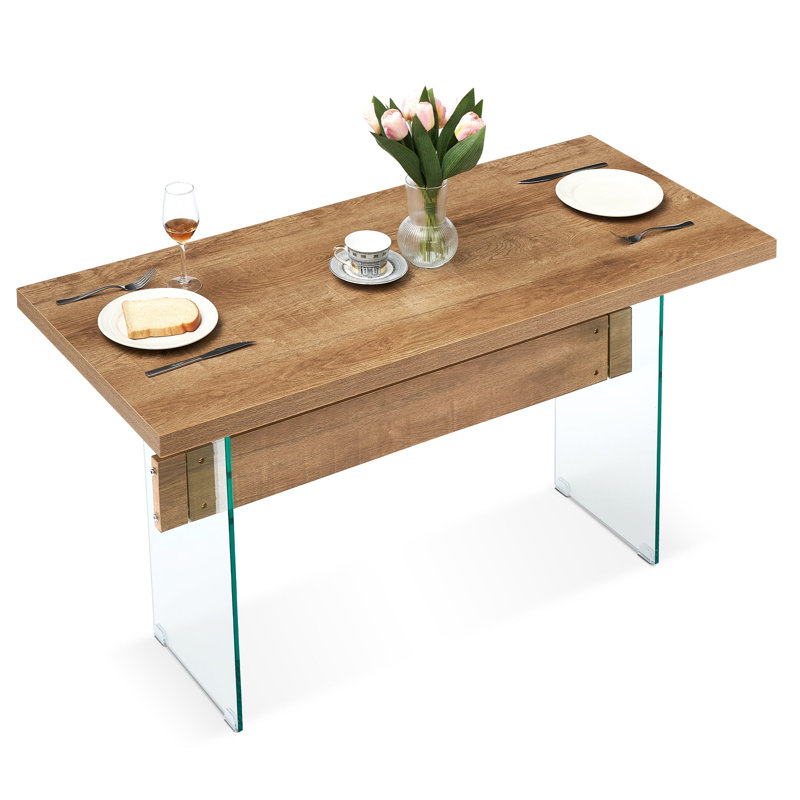 Table de salle à manger rectangulaire moderne de 55 pouces, table de bureau en verre ultrabrillant, Brun