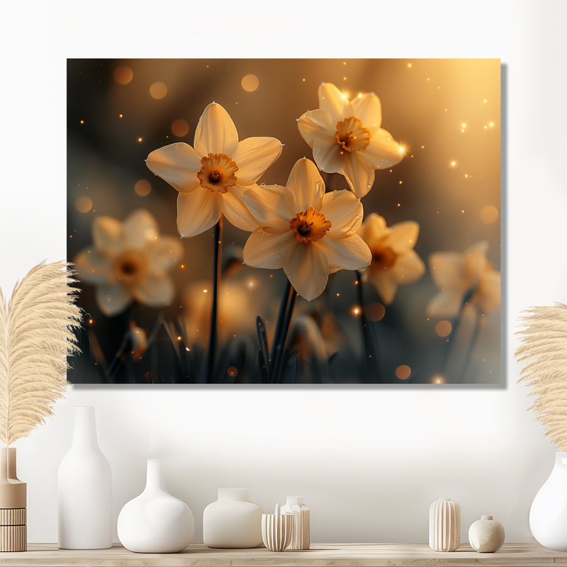 Beige jaune doré heure brillante jonquilles - jonquilles murales, H 24 po x l 32 po, Cadre flottant noir