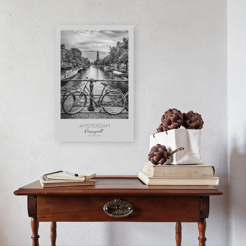 «Vélo surplombant la ville de Prinsengracht», art mural contemporain abstrait, reproduction d'art, 24" H x 16" W