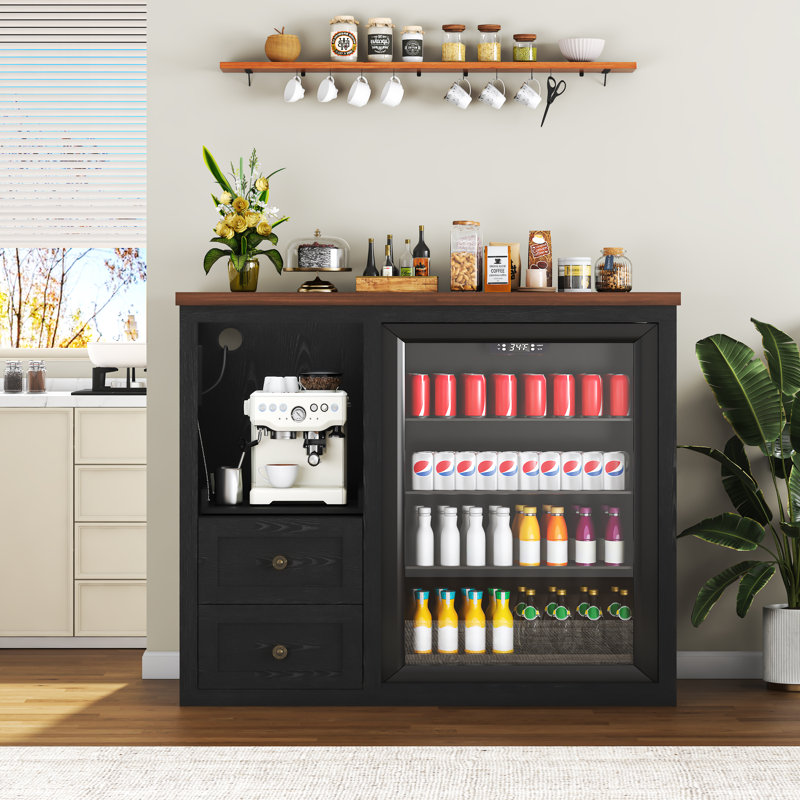 47.2" Coffee Bar Cabinet With Fridge Space, Farmhouse Mini Fridge Cabinet With Power Outlets And Storage Drawers, Wine Bar Cabinet With Sliding Shelf For Kitchen Dining Room