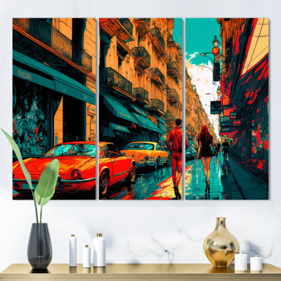 «Paris City Life In Retro Colors I», reproduction sur toile 3 pièces