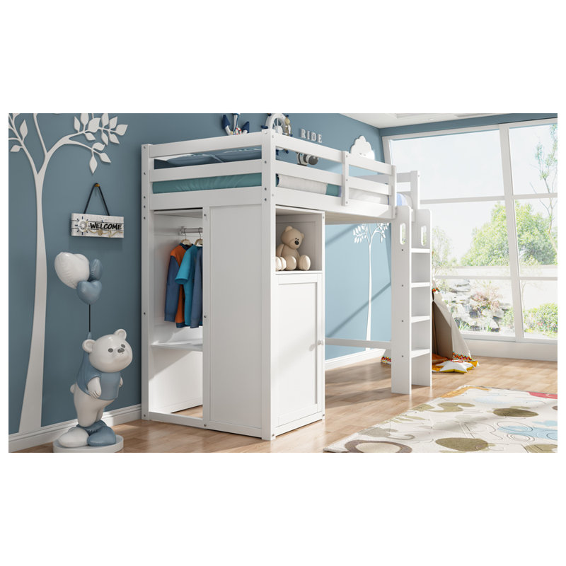 Lit mezzanine simple avec garde-robe, tablettes de rangement, Blanc / Blanc