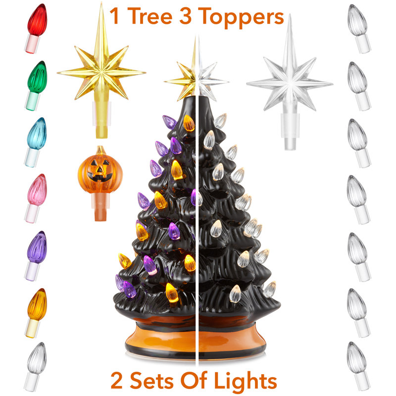 Arbre d'Halloween en céramique peint à la main, arbre pré-éclairé noir et sommet, H 12 po x l 6,76 po x P 6,75 po