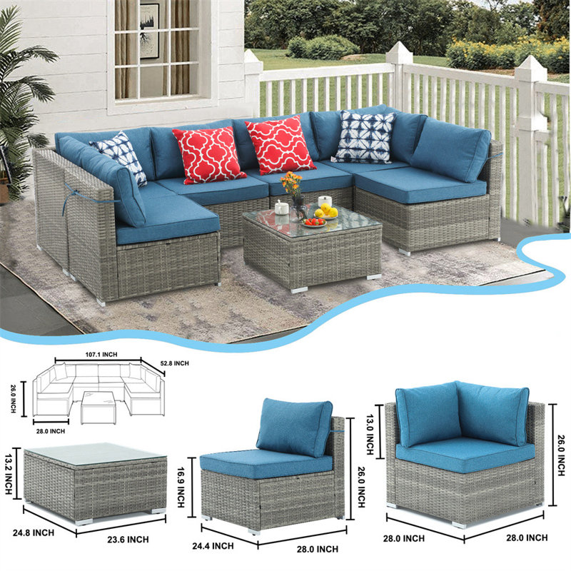 Ensemble de conversation pour 6 personnes avec coussins, Bleu, gris