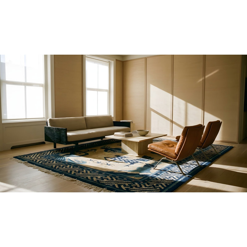 Tapis ivoire antique en laine Baotou