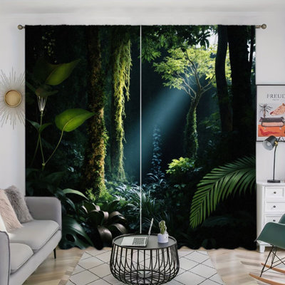 Rideau filtrant la lumière de la forêt tropicale 2 panneaux avec rayon de soleil à travers l'arbre Motif inspiré de la nature