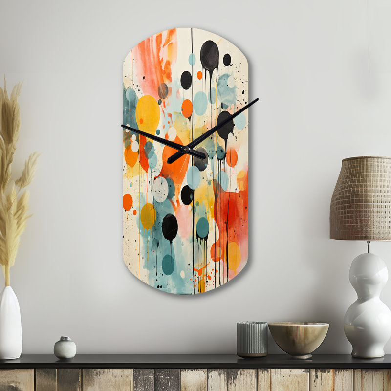 «Colorful Mid Century Atomic Abstraction I», horloge moderne cylindrique en métal, impression d'horloge murale asymétrique moderne