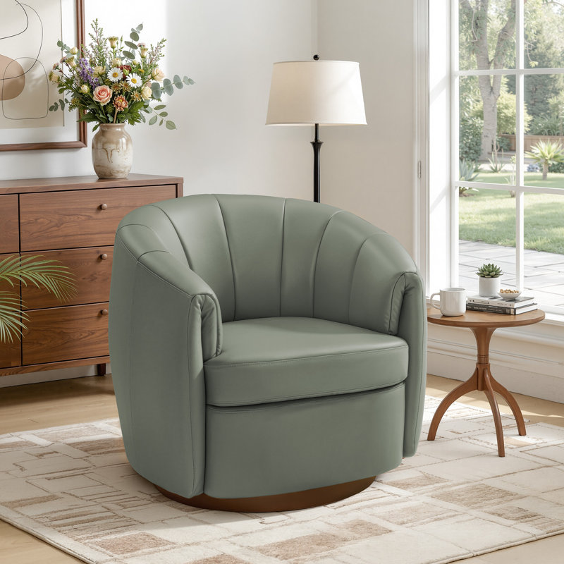 Modern Geniue Leather Swivel Barrel Chair, Grayish Green Top Grain Leather
