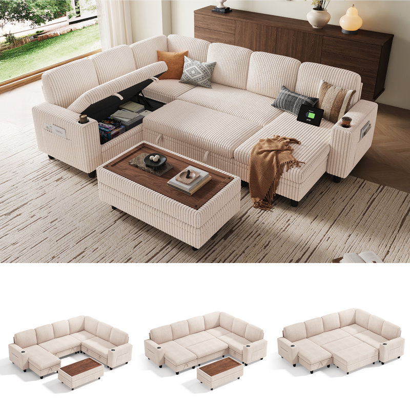 Sherry 106" Upholstered Modular Sectional with Sotrage Ottoman & USB Charging, Effie Beige Corduroy