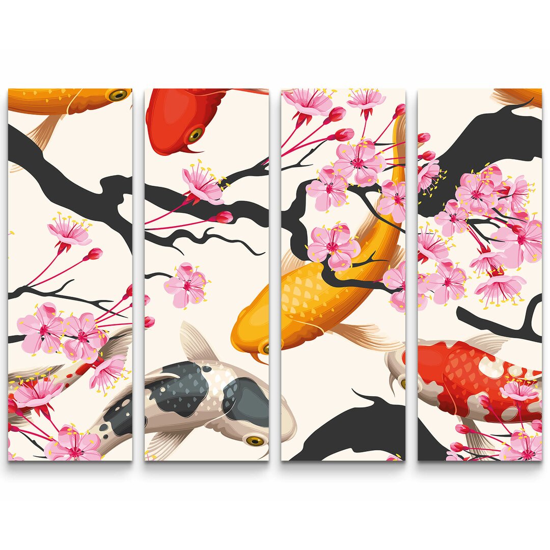 4-tlg. Leinwandbilder-Set Koi Fische und japanische Kirschblüte