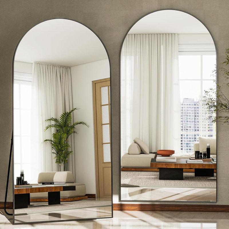 Miroir mural arqué pleine longueur avec cadre en alliage d'aluminium - Miroir de plancher haute définition pour la chambre à coucher ou le salon - Verre incassable - Conception sans cadre moderne