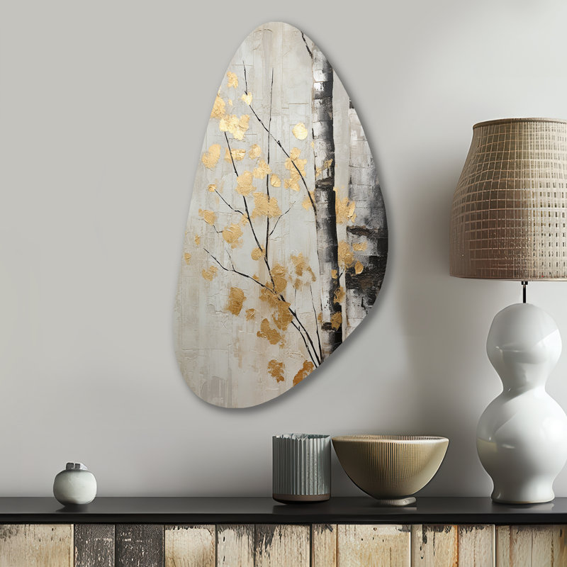 Tree Whispers Of Grey and Gold - Arbre monochrome en forme d'automne, art mural en métal asymétrique