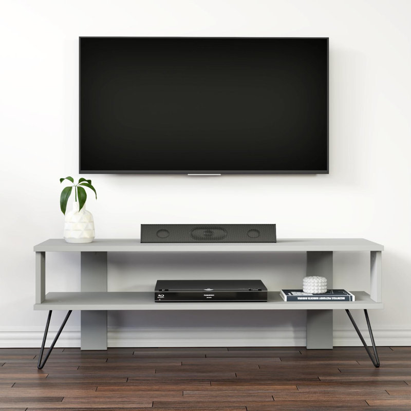 Modern Grey TV Stand with Wall-Mount Capability, 47.2 x 16.5 x 16.9 inches | 100% Melamine Coated Particle Board, Thickness: 0.7 inches | Multiple Shelves for Storage, Stylish Industrial Design for Living Room