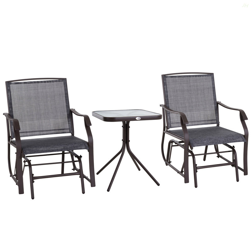Outsunny 3 Piece Outdoor Glider Chair With Coffee Table Bistro Set, 2 Patio Rocking Swing Chairs With Breathable Sling Fabric, Glass Tabletop, For Backyard, Garden And Porch