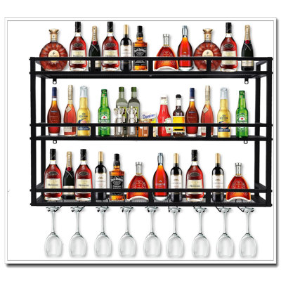 Black Wall Mounted Wine Rack With LED Light - Floating Bar Shelves + Hanging Glass Rack (Home Bar/Cafe/Restaurant) by Wrought Studio