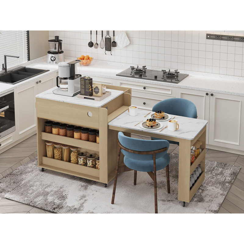 Jamirrah  Kitchen Island with Extendable Table, Natural/White