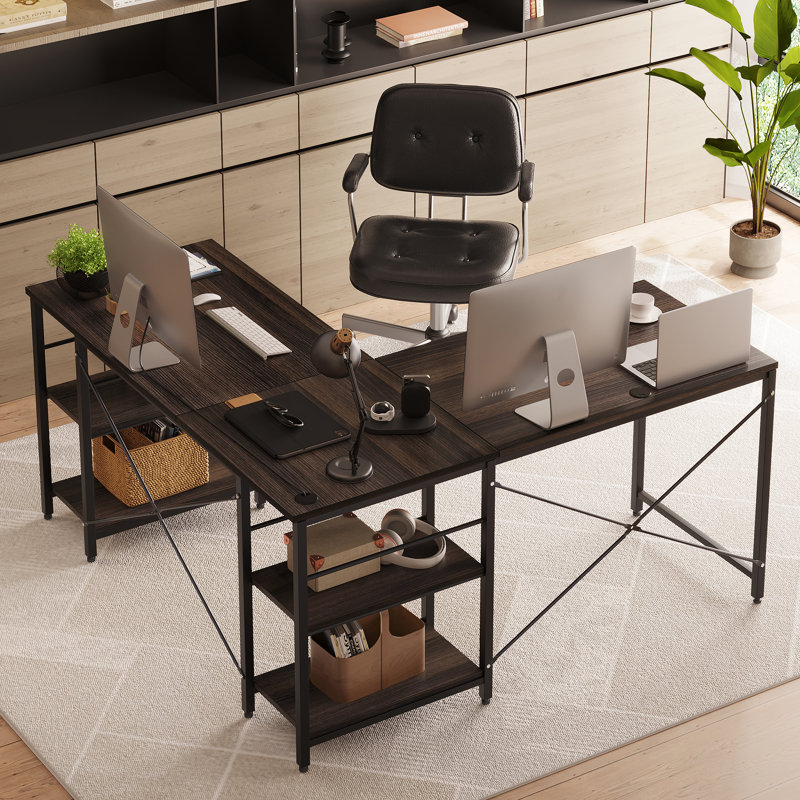 Nedyo 95.2" L Shaped Desks with Shelves, Reversible Corner Computer Desk or 2 Person Long Table, Brown